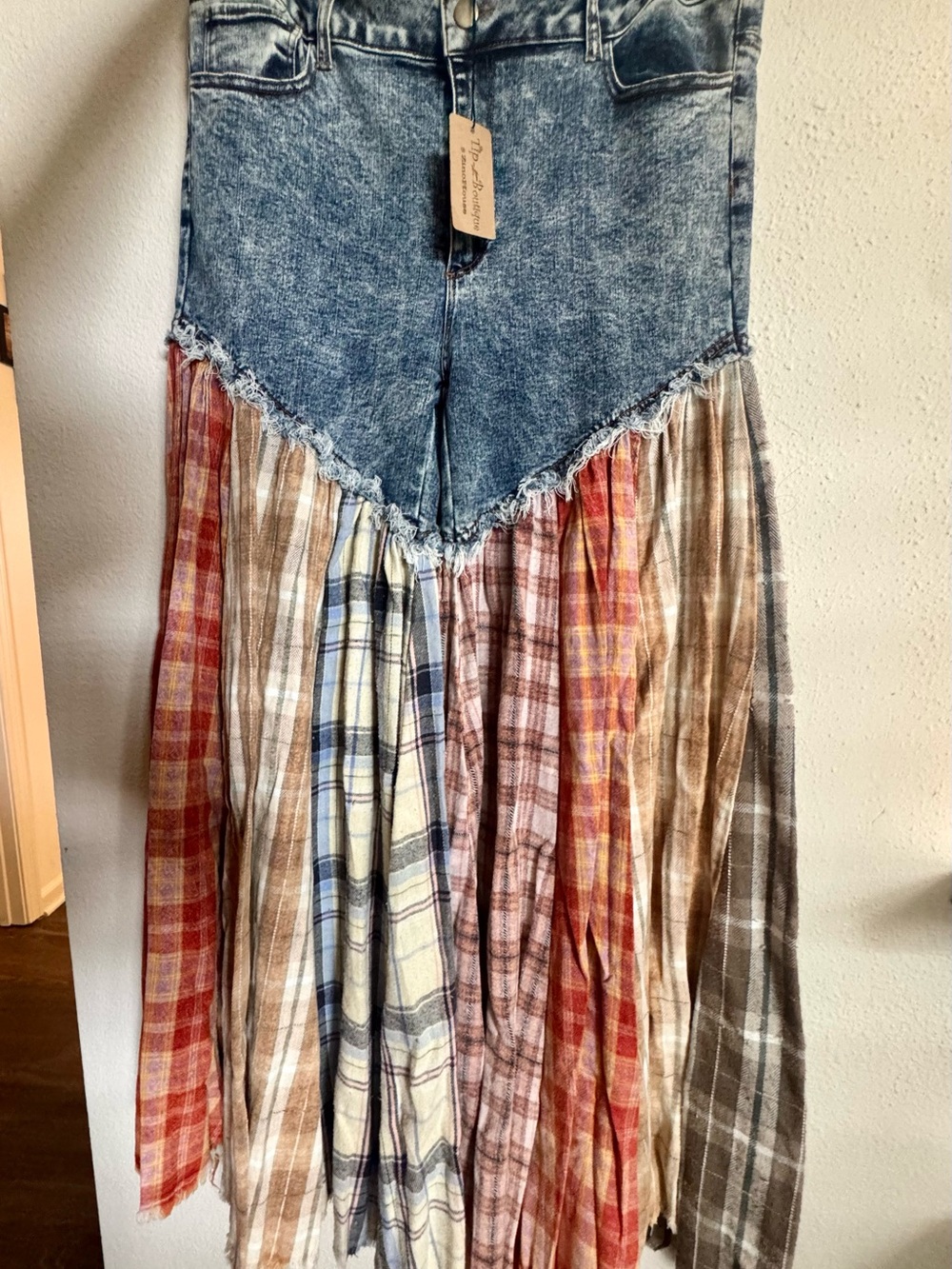 Boho Denim Patchwork pants with Plaid Ruffle - Picture 7 of 7